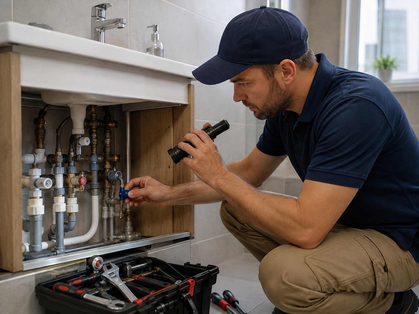 Representative image of a plumbing technician inspecting visible sink pipework