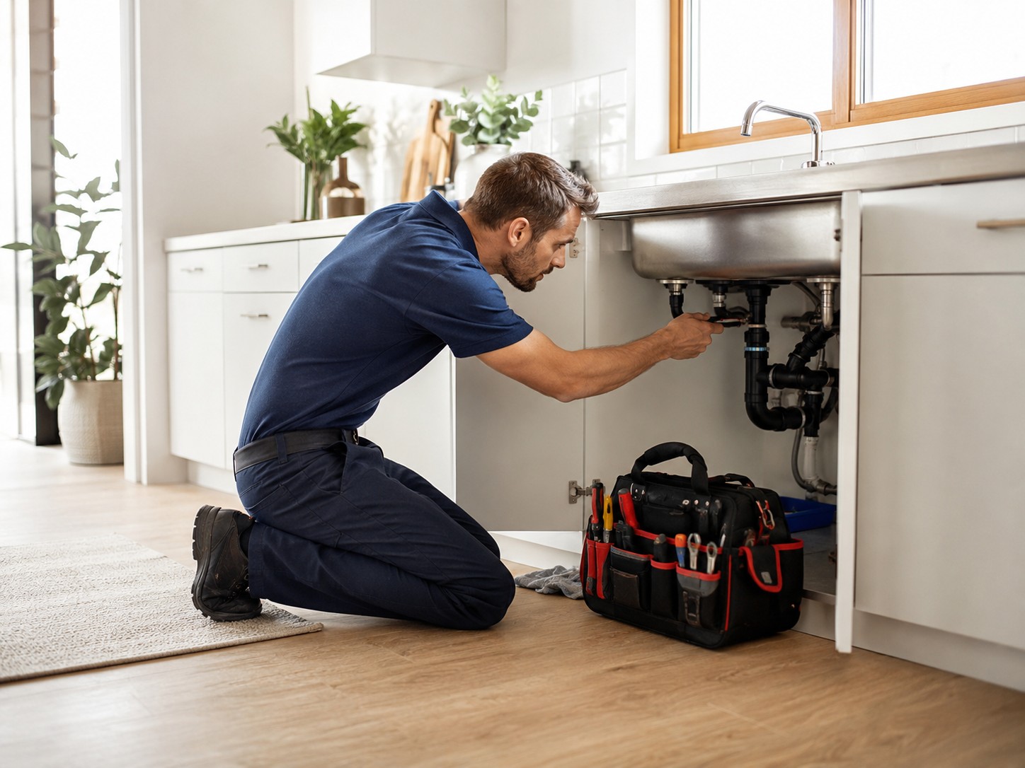 Representative image of a plumbing professional working beneath a kitchen sink