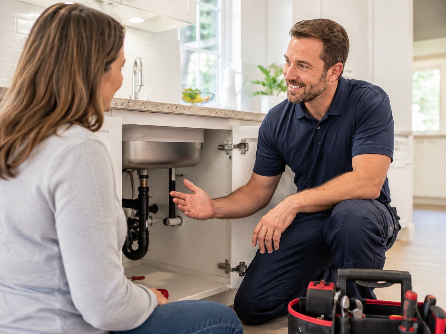 Representative image of a plumbing professional speaking with a customer near a kitchen sink